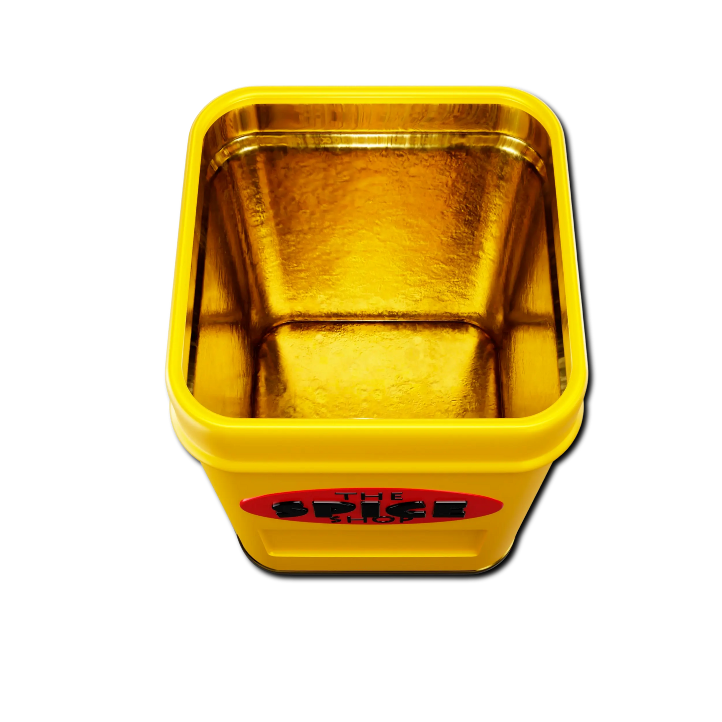 Gold-colored spice container with a yellow exterior and logo on the front.