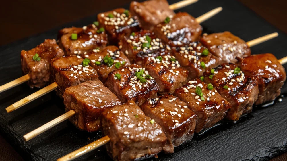 Marinated sesame steaks on skewers